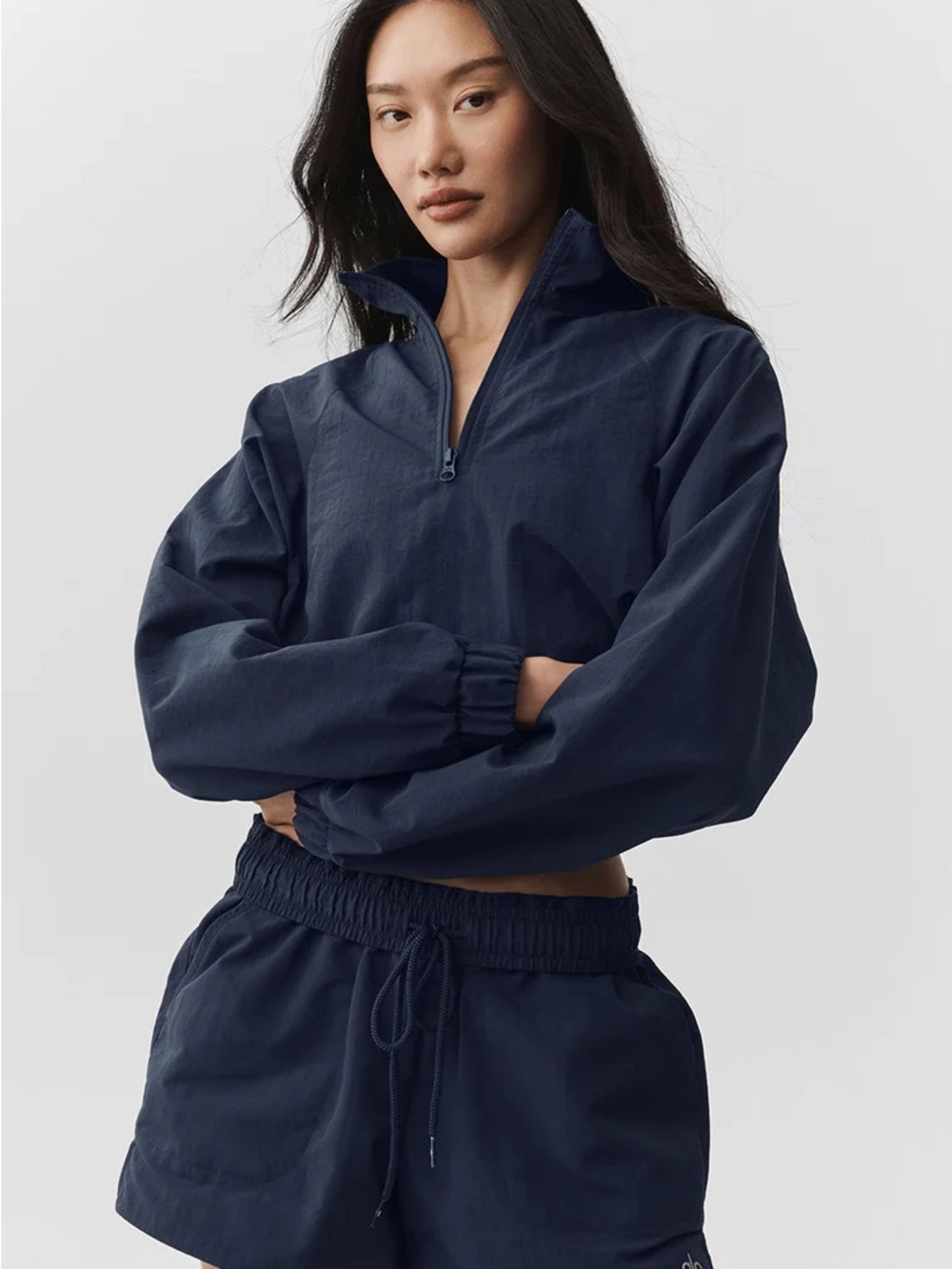 Alo Yoga Navy Half-Zip Windbreaker Cropped 1/4 Zip Alumni Pullover